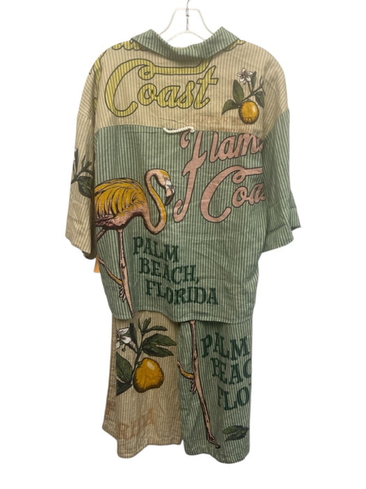 Celandine Size XS Green, Pink & Beige Linen Blend 3/4 Sleeve Button up Pant Set Green, Pink & Beige / XS