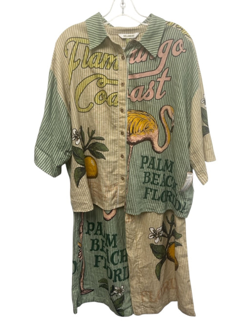 Celandine Size XS Green, Pink & Beige Linen Blend 3/4 Sleeve Button up Pant Set Green, Pink & Beige / XS