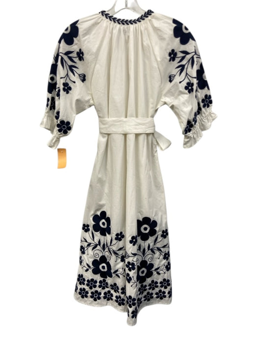 Charlee Size M Navy Blue & White Cotton 3/4 Sleeve Floral Embroidered Midi Dress Navy Blue & White / M