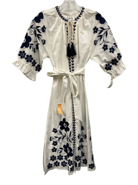 Charlee Size M Navy Blue & White Cotton 3/4 Sleeve Floral Embroidered Midi Dress Navy Blue & White / M