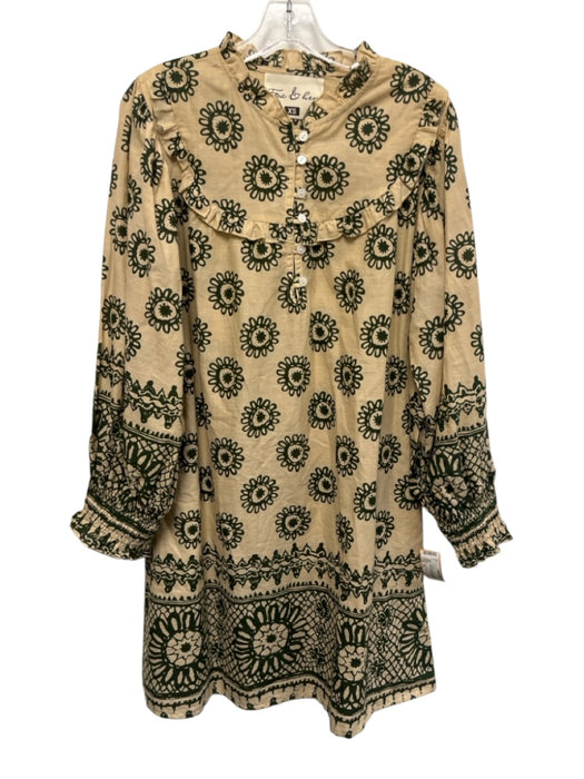 Fox & Hen Size XS Beige & Green Long Balloon Sleeve Floral Ruffle Detail Dress Beige & Green / XS