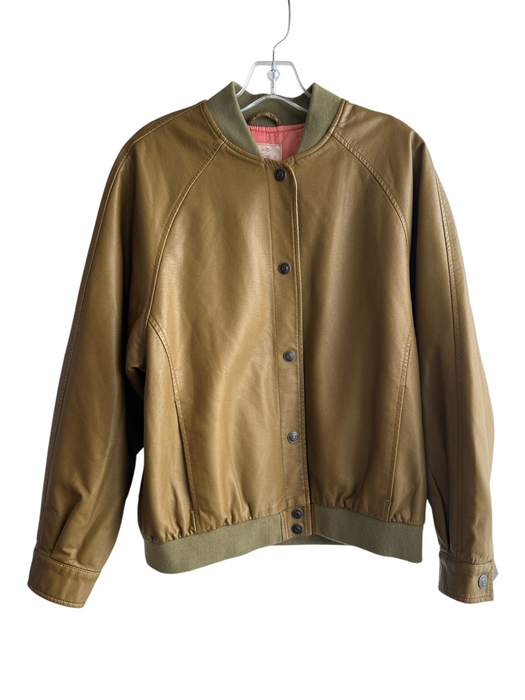 We The Free Size XS Green Vegan Leather Button Down Ribbed Detail Bomber Jacket Green / XS