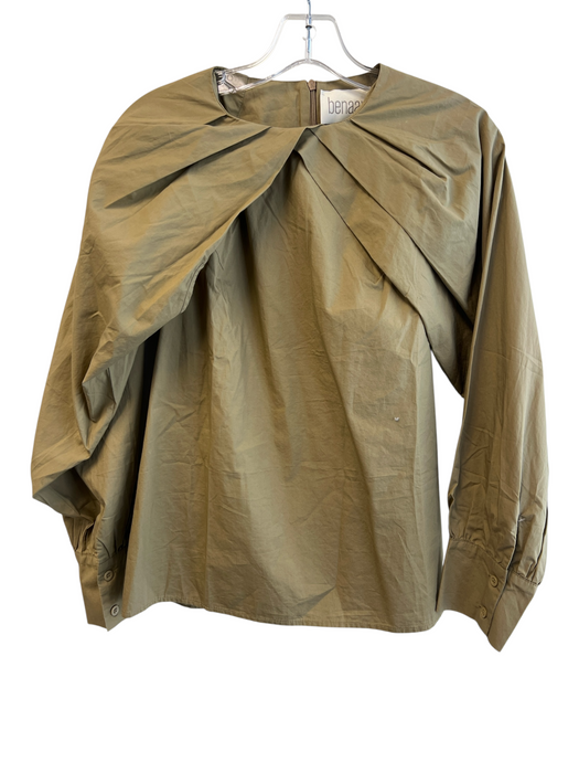 Benaar Size S Brown Cotton Round Neck Long Sleeve Zip Back Pleated Top Brown / S