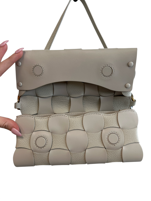 Polene Gray Leather Woven Top Strap Magnetic Snap Closure Inside Pockets Bag Gray / S