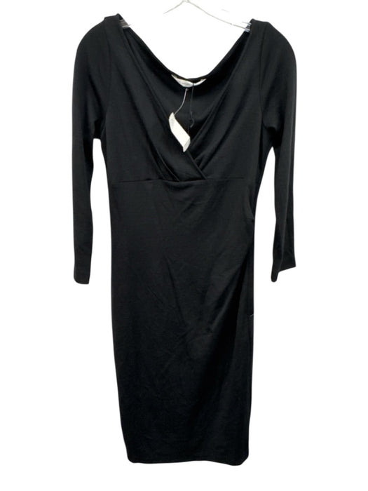 Diane Von Furstenberg Size 12 Black Wool Surplice Long Sleeve Knee length Dress Black / 12