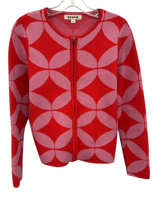 Boden Size XS Red & Pink Cotton Knit Geometric Collarless Full Zip Jacket Red & Pink / XS