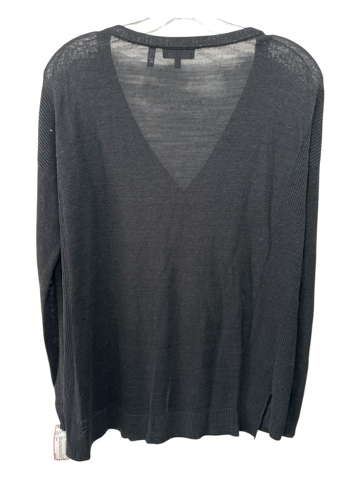 Theory Size L Black Linen Blend Semi-Sheer V Neck Long Sleeve Ribbed Detail Top Black / L