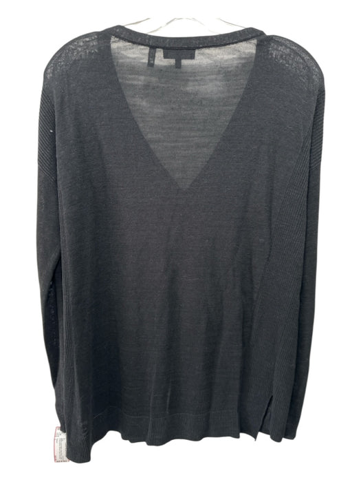 Theory Size L Black Linen Blend Semi-Sheer V Neck Long Sleeve Ribbed Detail Top Black / L