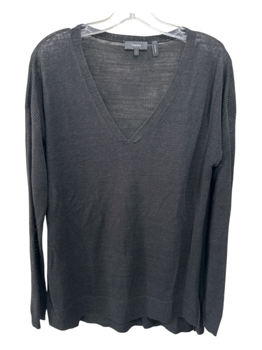 Theory Size L Black Linen Blend Semi-Sheer V Neck Long Sleeve Ribbed Detail Top Black / L