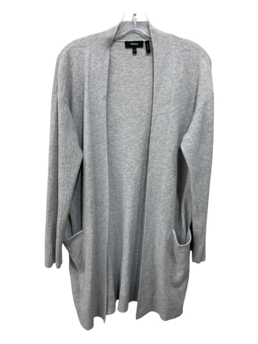 Theory Size M Light Gray Cashmere Open Front Thigh Length Heathered Cardigan Light Gray / M