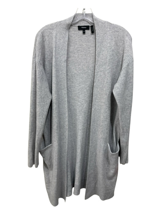 Theory Size M Light Gray Cashmere Open Front Thigh Length Heathered Cardigan Light Gray / M