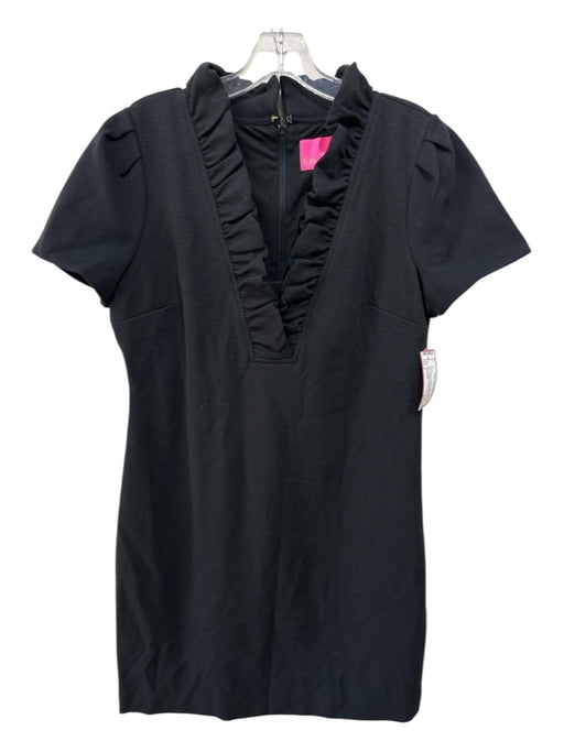 Lilly Pulitzer Size L Black Polyester Ruffle Neck Short Sleeve Ribbed Dress Black / L