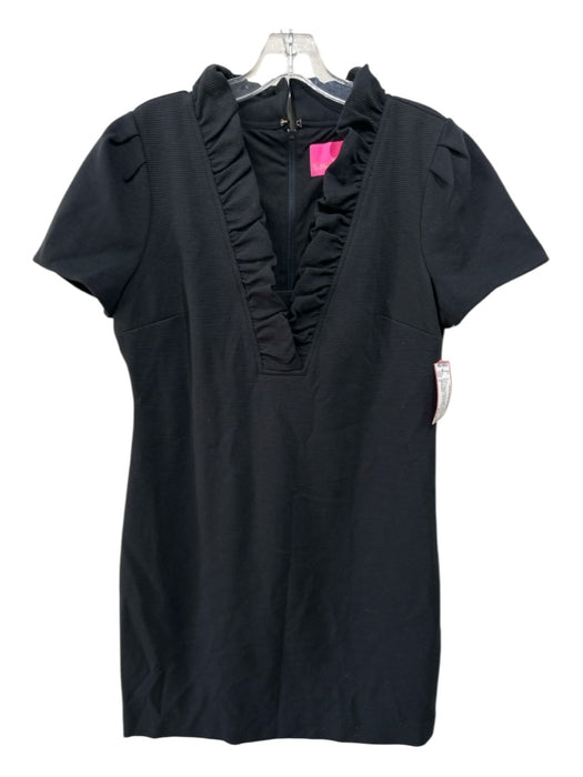 Lilly Pulitzer Size L Black Polyester Ruffle Neck Short Sleeve Ribbed Dress Black / L
