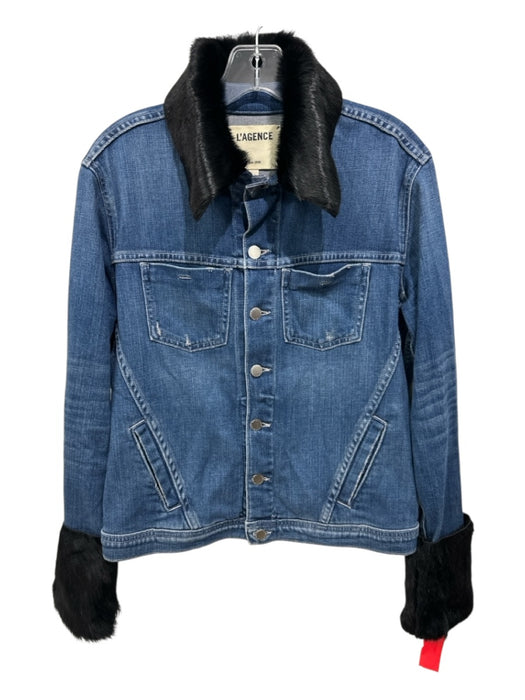 L'agence Size L Denim & Black Cotton Denim Fur Collar Long Sleeve Button Jacket Denim & Black / L