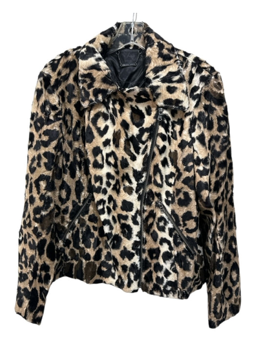 Trina Turk Size 12 Brown & Black Viscose Faux Fur Animal Print Zip Moto Jacket Brown & Black / 12