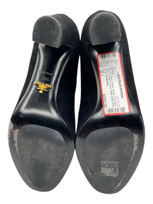 Prada Shoe Size 38.5 Black & Silver Suede round toe Silver Hardware Booties Black & Silver / 38.5