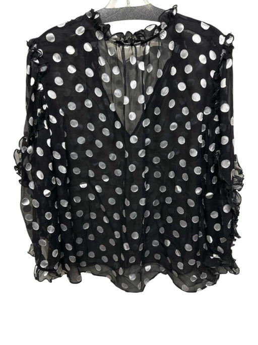 Alice + Olivia Size XL Black & White 3/4 Flare Sleeve Polka Dot V Neck Top Black & White / XL