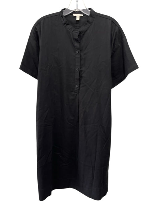 Eileen Fisher Size S Black Cotton Short Sleeve Stand Collar Quarter Button Dress Black / S