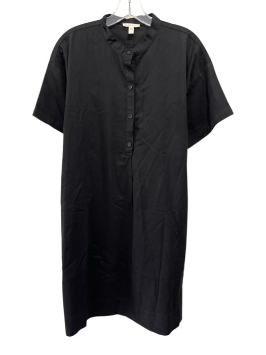Eileen Fisher Size S Black Cotton Short Sleeve Stand Collar Quarter Button Dress Black / S