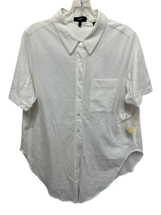 Theory Size L White Cotton Short Sleeve Collar Button Down One Pocket Top White / L
