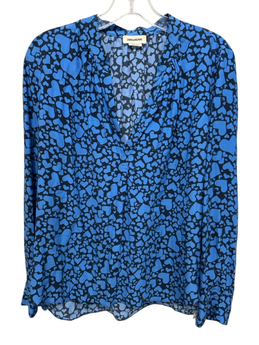 Zadig & Voltaire Size S Blue & Black Viscose Heart Print Long Sleeve V Neck Top Blue & Black / S