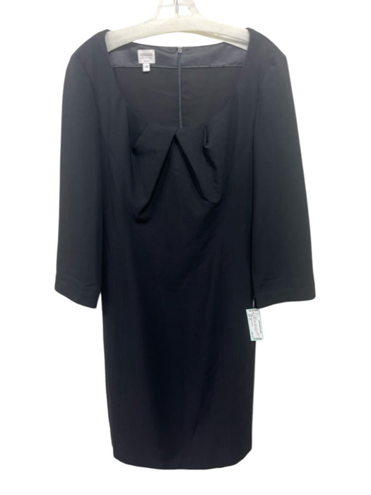 Armani Collezioni Size 10 Black Wool Pleated Neck 3/4 Sleeve Shift Dress Black / 10