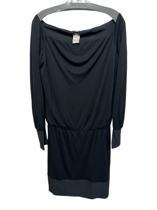 Cesare Fabbri Size 46 / L Black Silk Boat Neck Knee Length Long Sleeve Dress Black / 46 / L