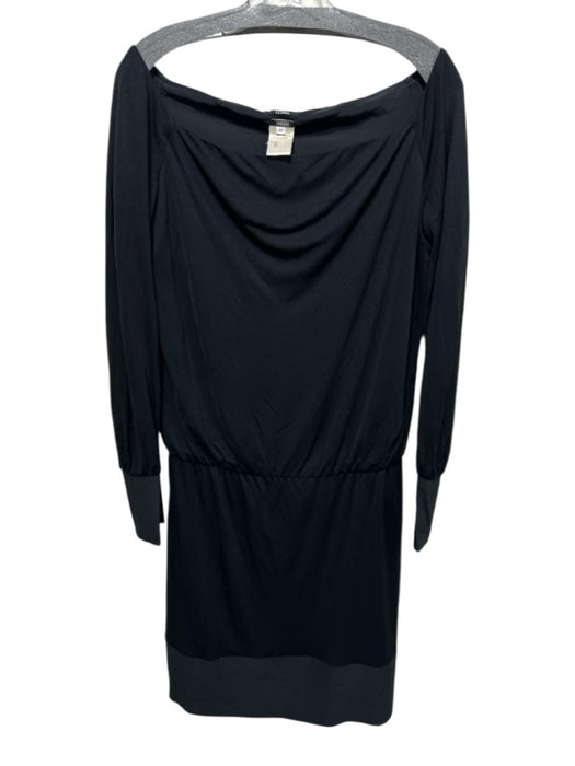 Cesare Fabbri Size 46 / L Black Silk Boat Neck Knee Length Long Sleeve Dress Black / 46 / L