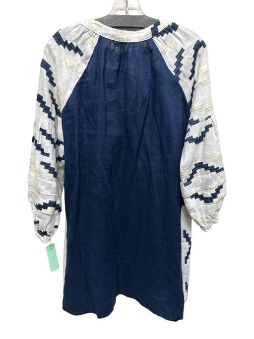 Greek Archaic Kori Size S Blue, White, Cream Linen Embroidered Geometric Dress Blue, White, Cream / S