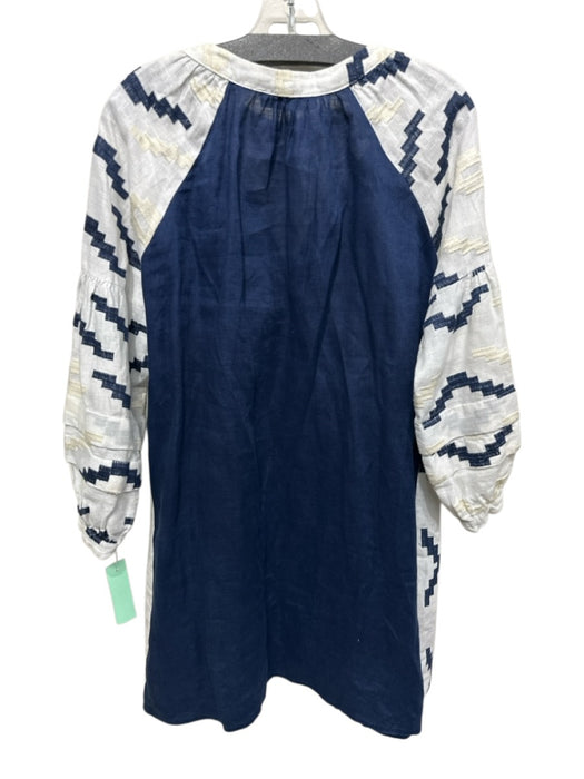 Greek Archaic Kori Size S Blue, White, Cream Linen Embroidered Geometric Dress Blue, White, Cream / S