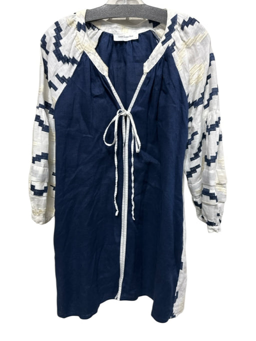 Greek Archaic Kori Size S Blue, White, Cream Linen Embroidered Geometric Dress Blue, White, Cream / S