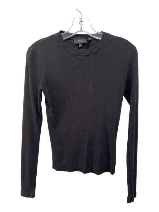 Theory Size S Black Cotton Blend Ribbed Round Neck Long Sleeve Top Black / S