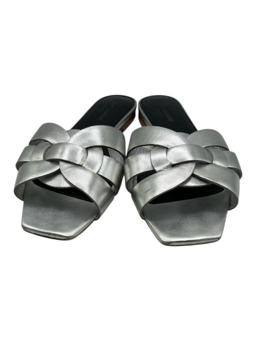 Saint Laurent Shoe Size 40 Silver Leather Upper Metallic Woven Detail Sandals Silver / 40