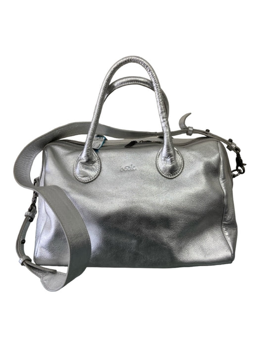 beck Silver Gray Leather Rolled Handles Zip Top Shoulder Strap Bag Silver Gray / M