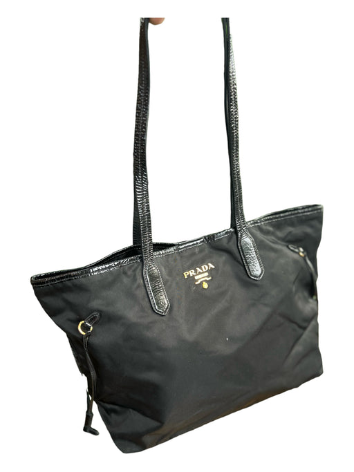 Prada Black Nylon Leather Top Handles Tote Bag Black / M