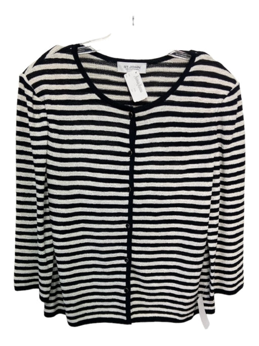 St John Collection Size L Black & White Rayon Blend 3/4 Sleeve Striped Cardigan Black & White / L