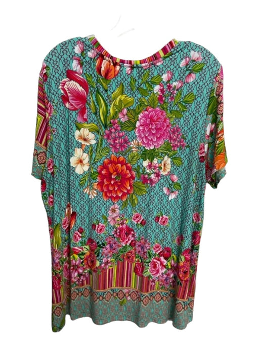 Johnny Was Size XL Blue Pink & Multi Bamboo Floral Short Sleeve V Neck Top Blue Pink & Multi / XL