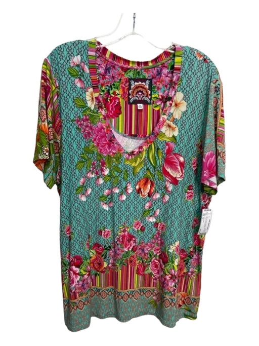Johnny Was Size XL Blue Pink & Multi Bamboo Floral Short Sleeve V Neck Top Blue Pink & Multi / XL