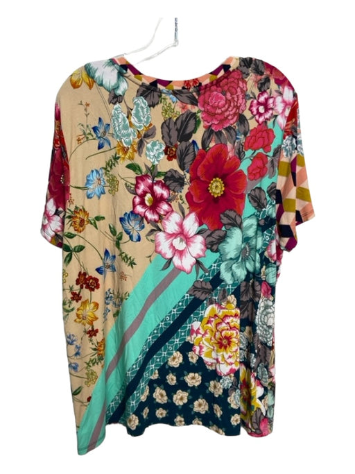 Johnny Was Size XL Blue Pink & Multi Bamboo Floral V Neck Short Sleeve Top Blue Pink & Multi / XL