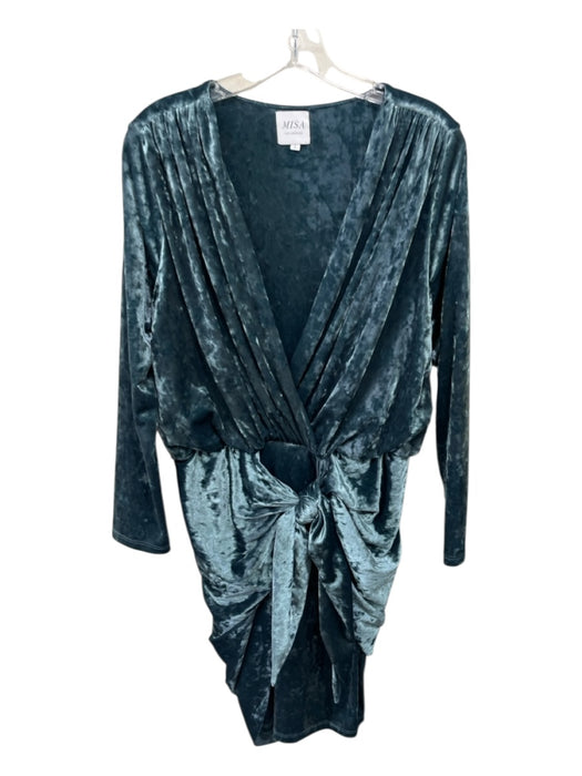 Misa Size L Teal Blue Polyester Blend Crushed Velvet Tie Waist Surplice Dress Teal Blue / L