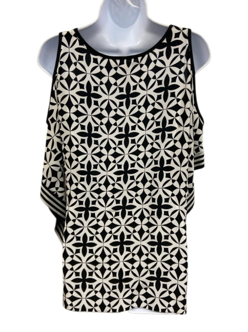 Trina Turk Size L Black & White Silk Geometric Print Cold Shoulder Flowy Top Black & White / L