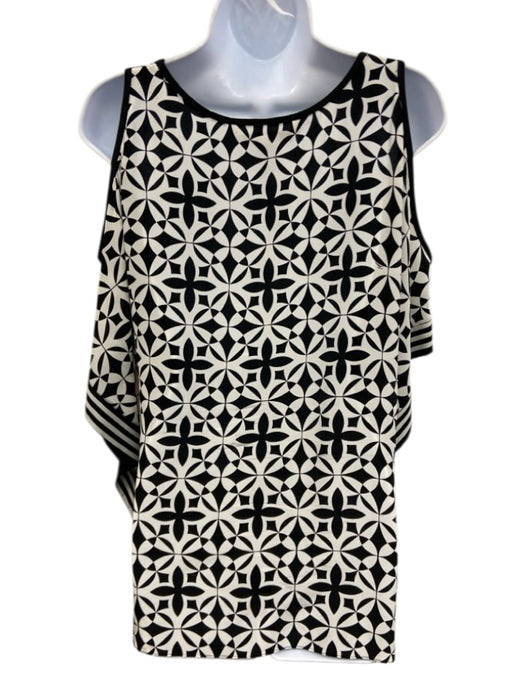Trina Turk Size L Black & White Silk Geometric Print Cold Shoulder Flowy Top Black & White / L