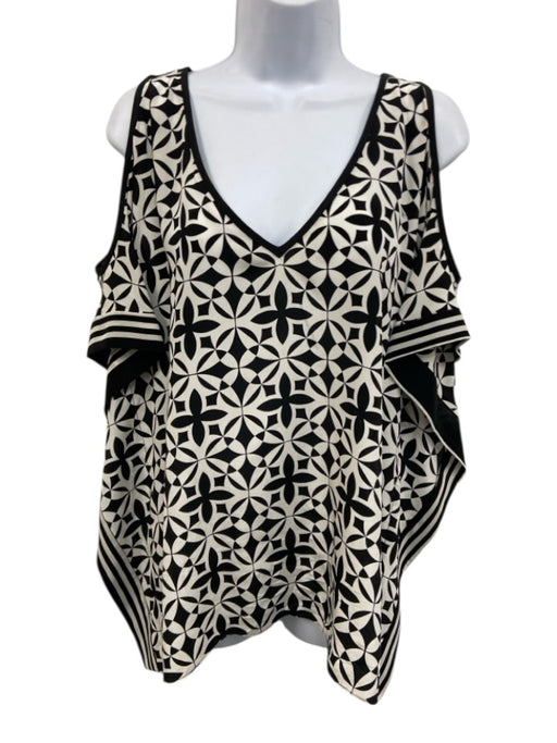 Trina Turk Size L Black & White Silk Geometric Print Cold Shoulder Flowy Top Black & White / L