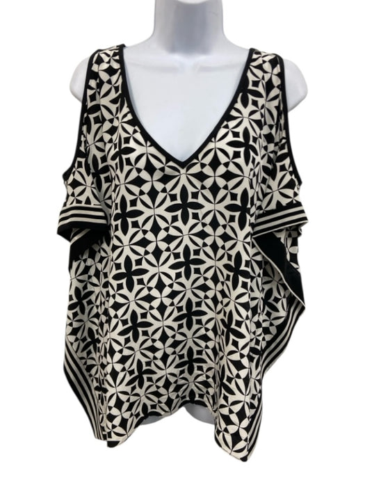 Trina Turk Size L Black & White Silk Geometric Print Cold Shoulder Flowy Top Black & White / L