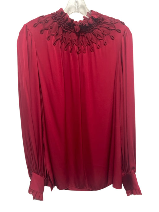 Kobi Halperin Size L Red Silk Blend Long Sleeve Smocked Detail Mock Neck Top Red / L