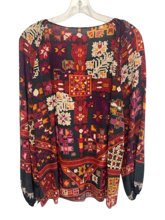 Kobi Halperin Size L Red, Navy, Multi Silk Long Sleeve Abstract Geometric Top Red, Navy, Multi / L