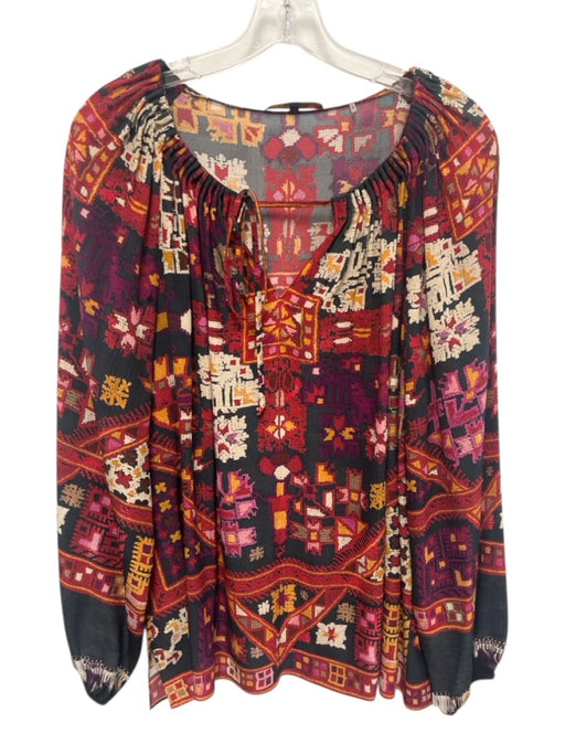 Kobi Halperin Size L Red, Navy, Multi Silk Long Sleeve Abstract Geometric Top Red, Navy, Multi / L