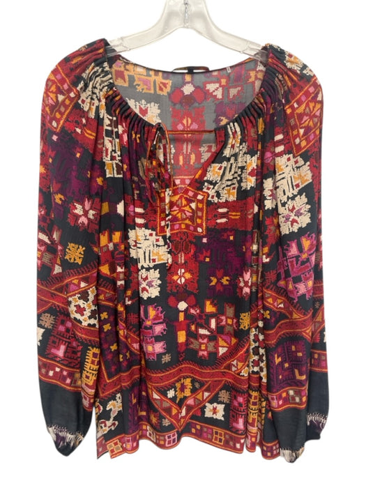 Kobi Halperin Size L Red, Navy, Multi Silk Long Sleeve Abstract Geometric Top Red, Navy, Multi / L