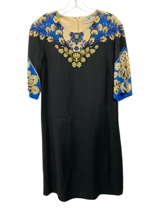 Etro Size 42 Black, Blue, Yellow Viscose Floral Pockets Midi Dress