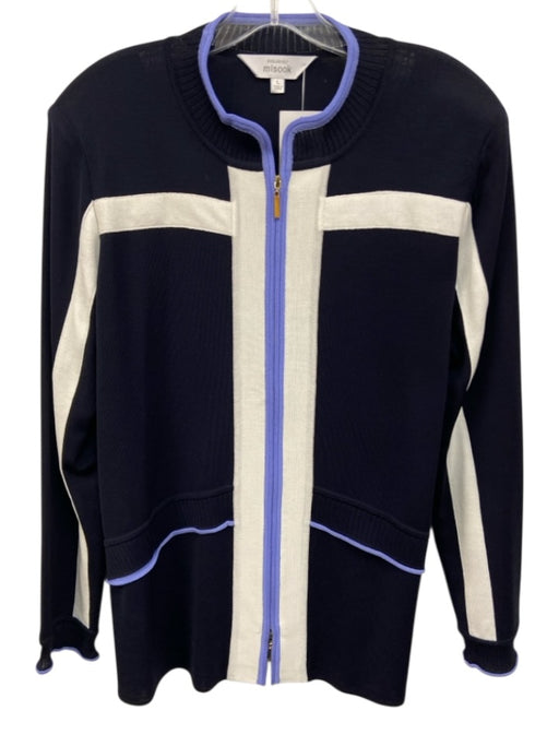 Misook Size L Navy Blue & White Acrylic Ribbed Trim Collarless Full Zip Jacket Navy Blue & White / L